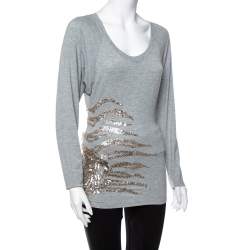 Pre Owned توب روبرتو كافالي مودال ترتر رصاصي مزخرف بأكمام طويلة رقبة واسعة مقاس صغير - سمول