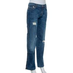 Roberto Cavalli Navy Blue Denim Distressed Wide Leg Jeans L