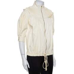 Pre Owned Roberto Cavalli Cream Leather Pleated Detail Zipper Front Jacket S