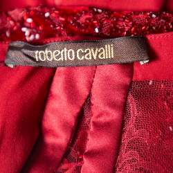 مملوكة مسبقًا Roberto Cavalli Burgundy Silk Embellished Lace Sleeve Detail Faux Wrap Maxi Dress L
