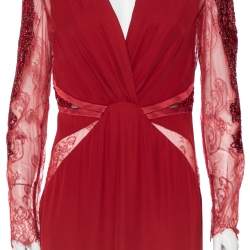 مملوكة مسبقًا Roberto Cavalli Burgundy Silk Embellished Lace Sleeve Detail Faux Wrap Maxi Dress L