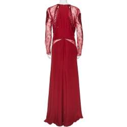 مملوكة مسبقًا Roberto Cavalli Burgundy Silk Embellished Lace Sleeve Detail Faux Wrap Maxi Dress L
