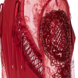 مملوكة مسبقًا Roberto Cavalli Burgundy Silk Embellished Lace Sleeve Detail Faux Wrap Maxi Dress L