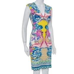 مملوكة مسبقًا فستان روبرتو كافالي تريكو متعدد الألوان ديرابيه رقبة حرف في مقاس صغير - سمول