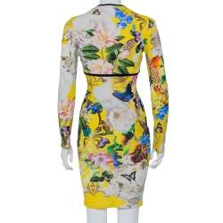 Pre Owned Roberto Cavalli Yellow Floral Printed Knit Ruched V-Neck Dress S