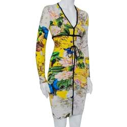 Pre Owned Roberto Cavalli Yellow Floral Printed Knit Ruched V-Neck Dress S