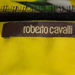 Pre Owned Roberto Cavalli Yellow Floral Printed Knit Ruched V-Neck Dress S