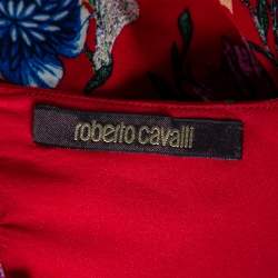 Pre Owned Roberto Cavalli Red Floral Printed Silk Open Back Detail Sheath Dress S