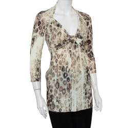 Pre Owned Roberto Cavalli Cream Animal Printed Knit Drape Detail Tunic M