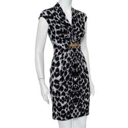 Pre Owned Roberto Cavalli Black & Grey Animal Printed Draped Waist Detail Mini Dress S