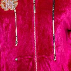 Pre Owned جاكيت روبرتو كافالي غطاء رأس سحاب أمامي فيلور وردي مقاس كبير (لارج)