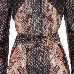 Pre Owned Roberto Cavalli Brown Snakeskin Printed Silk Button Front Belted Trench Coat S