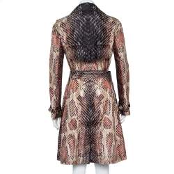 Pre Owned Roberto Cavalli Brown Snakeskin Printed Silk Button Front Belted Trench Coat S