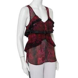 Roberto Cavalli Multicolor Snakeskin Printed Silk Pleated Detail Sleeveless Top S