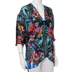 Pre Owned Roberto Cavalli Multicolor Printed Silk Pleated Detail Kaftan Top (One Size)