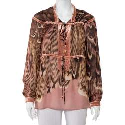 Pre Owned بلوزة روبرتو كافالي حرير قطيفة بطبعة نقشة الفهد متعددة الألوان مقاس كبير (لارج)  