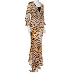 Roberto Cavalli Beige Animal Printed Silk Sheer Shirt & Asymmetric Hem Maxi Skirt S