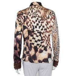 مملوكة مسبقًا قميص روبرتو كافالي أزرار أمامية حافة جلد حرير مطبوع نقشة الفهد بني مقاس كبير جداً (اكس لارج))