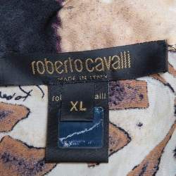 مملوكة مسبقًا قميص روبرتو كافالي أزرار أمامية حافة جلد حرير مطبوع نقشة الفهد بني مقاس كبير جداً (اكس لارج))