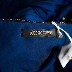 Pre Owned فستان سهرة طويل روبرتو كافالي مفتوح من الخلف مزخرف ترتر حرير كحلي مقاس متوسط