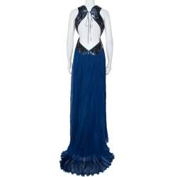 Pre Owned فستان سهرة طويل روبرتو كافالي مفتوح من الخلف مزخرف ترتر حرير كحلي مقاس متوسط