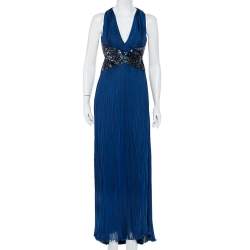 Pre Owned Roberto Cavalli Navy Blue Silk Sequin Embellished Open Back Evening Gown M
