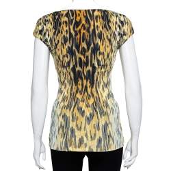 Pre Owned Roberto Cavalli Yellow Printed Knit Draped Plunge Neck Top S