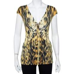 Pre Owned Roberto Cavalli Yellow Printed Knit Draped Plunge Neck Top S