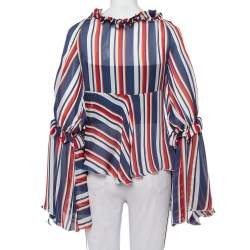 Pre Owned بلوزة روبرتو كافالي مزين رقبة منفوشة حرير مخطط متعدد الألوان مقاس وسط (ميديوم)