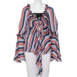 Pre Owned بلوزة روبرتو كافالي مزين رقبة منفوشة حرير مخطط متعدد الألوان مقاس وسط (ميديوم)