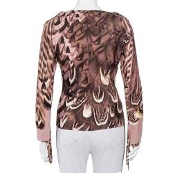Pre Owned Roberto Cavalli Multicolor Printed Knit Ruffled Neck Detail Top M