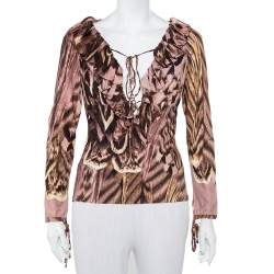 Pre Owned Roberto Cavalli Multicolor Printed Knit Ruffled Neck Detail Top M