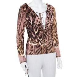 Pre Owned Roberto Cavalli Multicolor Printed Knit Ruffled Neck Detail Top M
