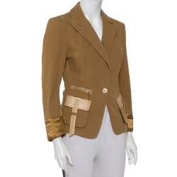 Pre Owned Roberto Cavalli Brown Denim Leather Trim Button Front Blazer L