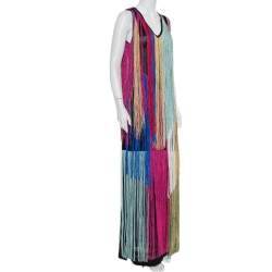 Pre Owned Roberto Cavalli Multicolor Knit Fringed Maxi Dress M