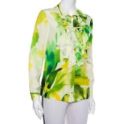Pre Owned Roberto Cavalli Green Printed Silk Ruffled Detail Button Front Shirt M