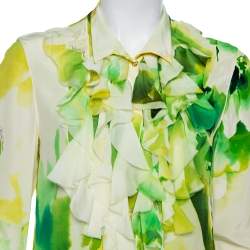 Pre Owned Roberto Cavalli Green Printed Silk Ruffled Detail Button Front Shirt M