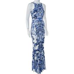 Pre Owned فستان ماكسي روبرتو كافالي جيرسيه مطبوع أبيض وأزرق دانتيل مزين بلا أكمام مقاس متوسط - ميديوم