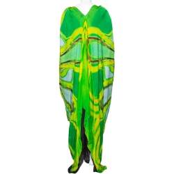 Pre Owned Roberto Cavalli Green Printed Silk Draped Kaftan Maxi Dress M