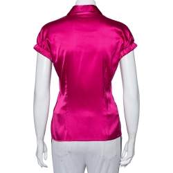 مملوكة مسبقًا قميص روبرتو كافالي حرير ساتان وردي بأزرار أمامية أكمام قصيرة مقاس متوسط - ميديوم