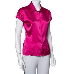 مملوكة مسبقًا قميص روبرتو كافالي حرير ساتان وردي بأزرار أمامية أكمام قصيرة مقاس متوسط - ميديوم