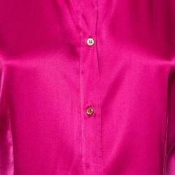 مملوكة مسبقًا قميص روبرتو كافالي حرير ساتان وردي بأزرار أمامية أكمام قصيرة مقاس متوسط - ميديوم