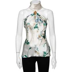 Pre Owned Roberto Cavalli White Floral Printed Silk Satin Halter Neck Top S