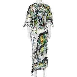 مملوكة مسبقًا فستان روبرتو كافالي غير متماثل حرير مكشكش مطبوع متعدد الألوان مقاس متوسط