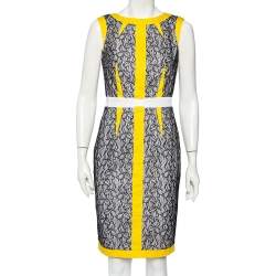 Pre Owned Cavalli Class Yellow & Black Lace Mixed Media Sleeveless Sheath Dress M
