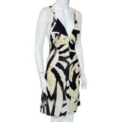 مملوكة مسبقًا Roberto Cavalli Yellow & Black Abstract Printed Jersey Ruched Midi Dress M