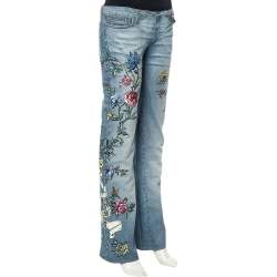 مملوكة مسبقًا  Roberto Cavalli Blue Floral Embroidered Denim Wide Leg Jeans XS