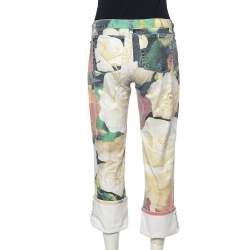 Pre Owned Roberto Cavalli White Floral Printed Denim Cuffed Hem Jeans XS
