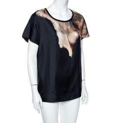 Pre Owned بلوزة روبرتو كافالي حرير أسود بنقشة جلد الفهد مقاس كبير - لارج