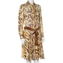 Pre Owned Roberto Cavalli Beige Leopard Print Silk Belted Dress S